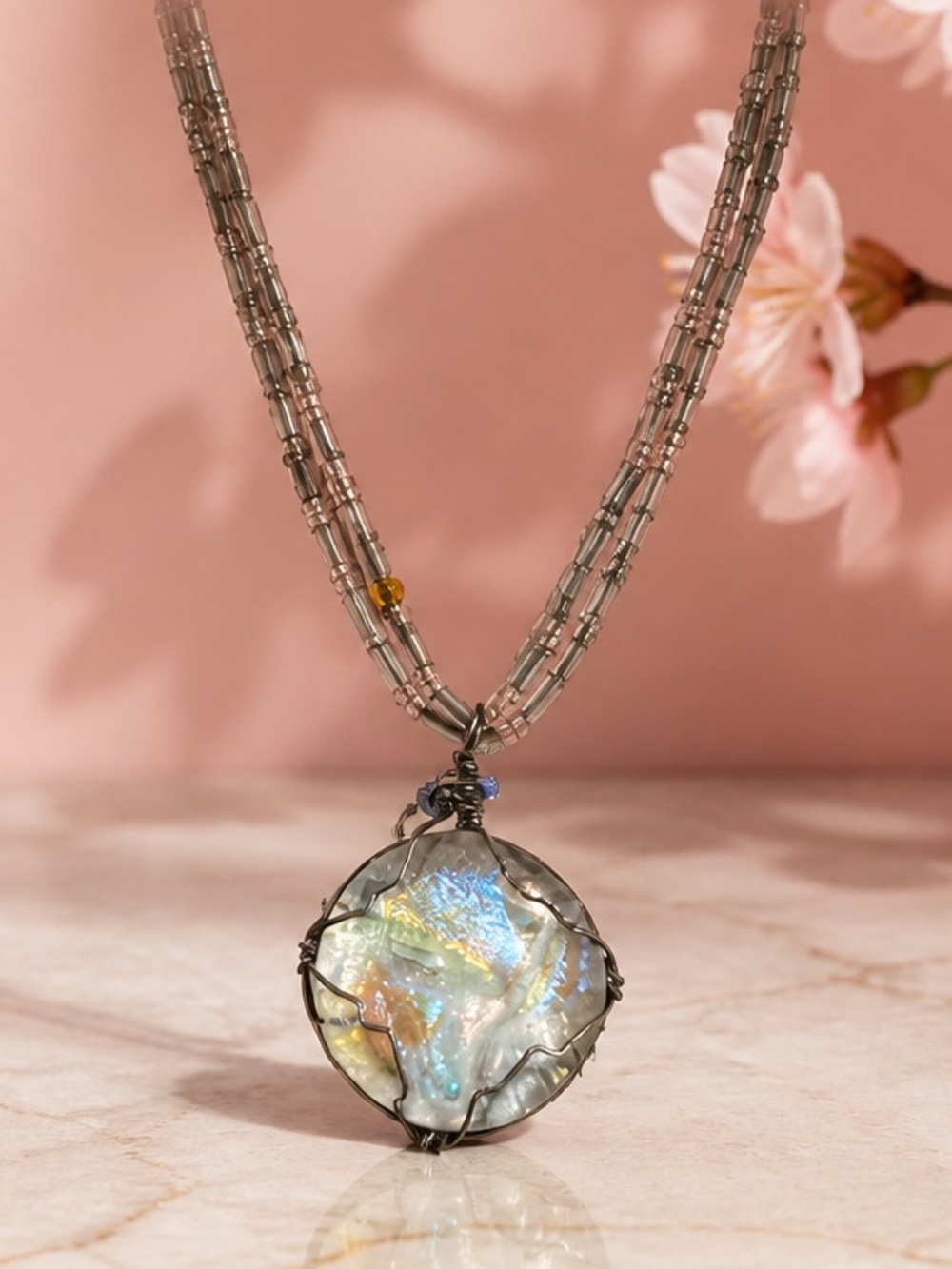 Vintage Iridescent Glass Pendant Necklace in Multicolor